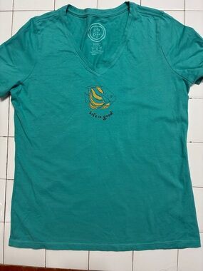 Life Is Good Women’s Teal V-Neck Tee with Yellow Fish Accent
